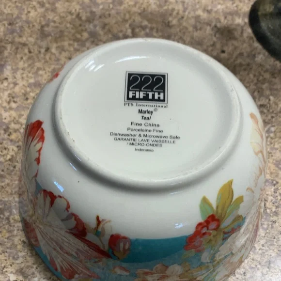 222 Fifth Teal Floral Fine China Bowl set of 2 - Picture 3 of 3